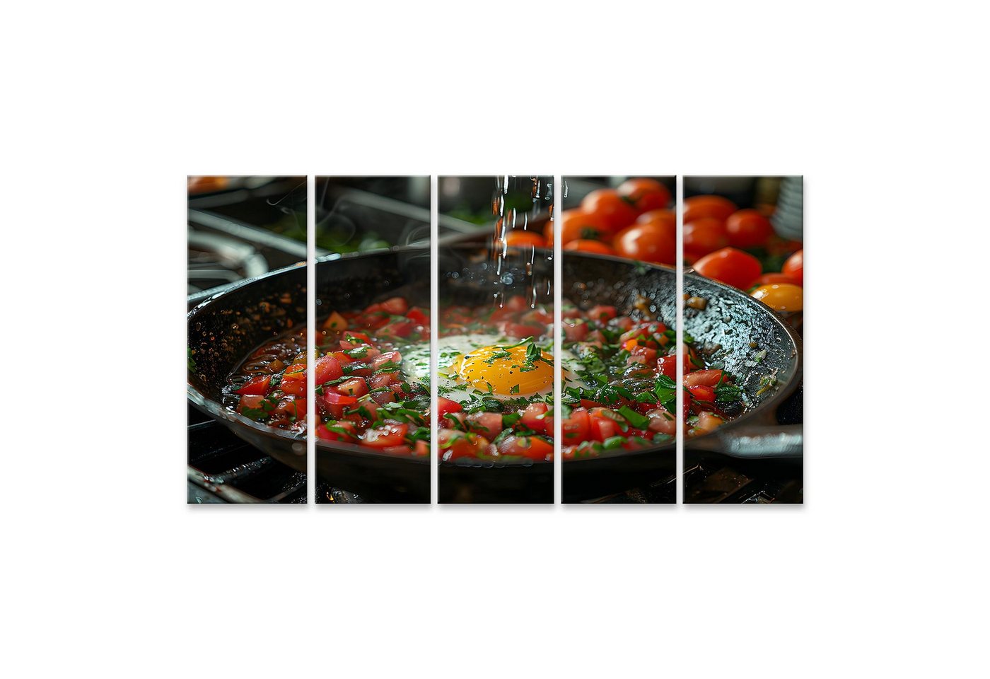 islandburner Leinwandbild Perfekt gekochtes Ei und Tomaten, exquisit in siedender Pfanne auf Her von islandburner
