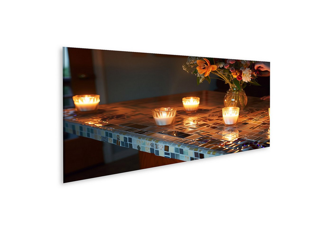 islandburner Leinwandbild Person arrangiert Blumen kunstvoll in Vase auf Mosaikfliesentheke mit islandburner Leinwandbild Person arrangiert Blumen kunstvoll in Vase auf Mosaikfliesentheke mit von islandburner
