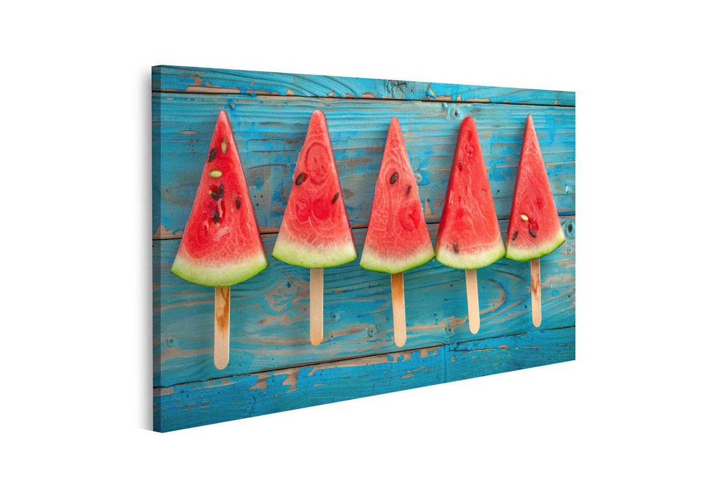 islandburner Leinwandbild Präsentation eines Wassermelonen-Eisstücks auf rustikalem blauem Holz- islandburner Leinwandbild Präsentation eines Wassermelonen-Eisstücks auf rustikalem blauem Holz- von islandburner
