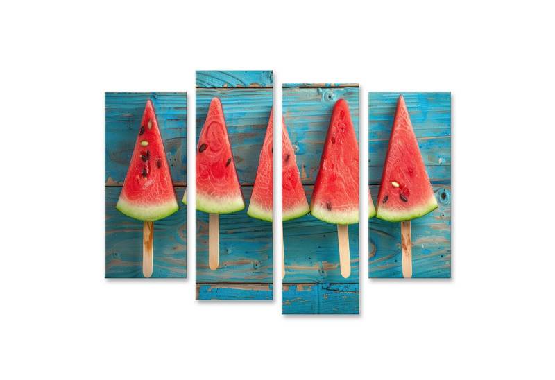 islandburner Leinwandbild Präsentation eines Wassermelonen-Eisstücks auf rustikalem blauem Holz- von islandburner
