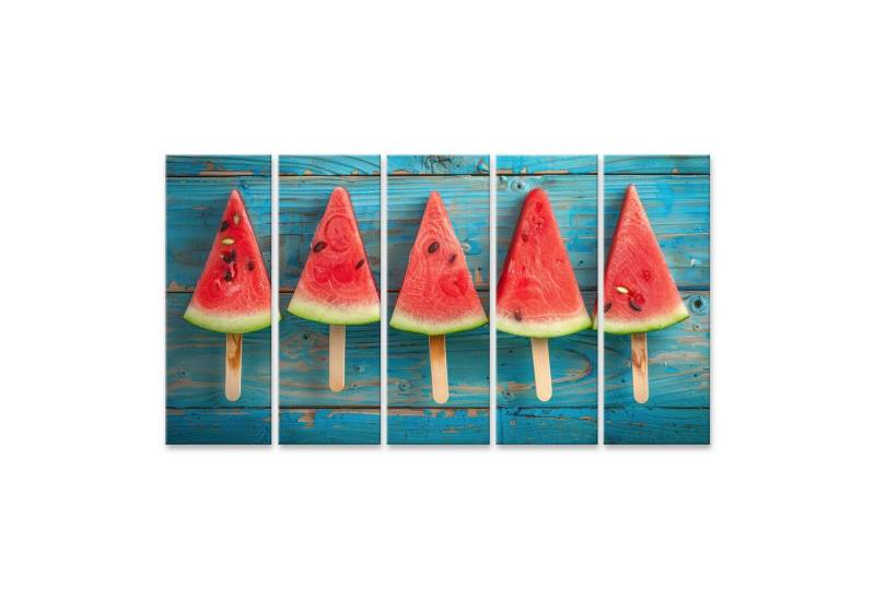 islandburner Leinwandbild Präsentation eines Wassermelonen-Eisstücks auf rustikalem blauem Holz- islandburner Leinwandbild Präsentation eines Wassermelonen-Eisstücks auf rustikalem blauem Holz- von islandburner