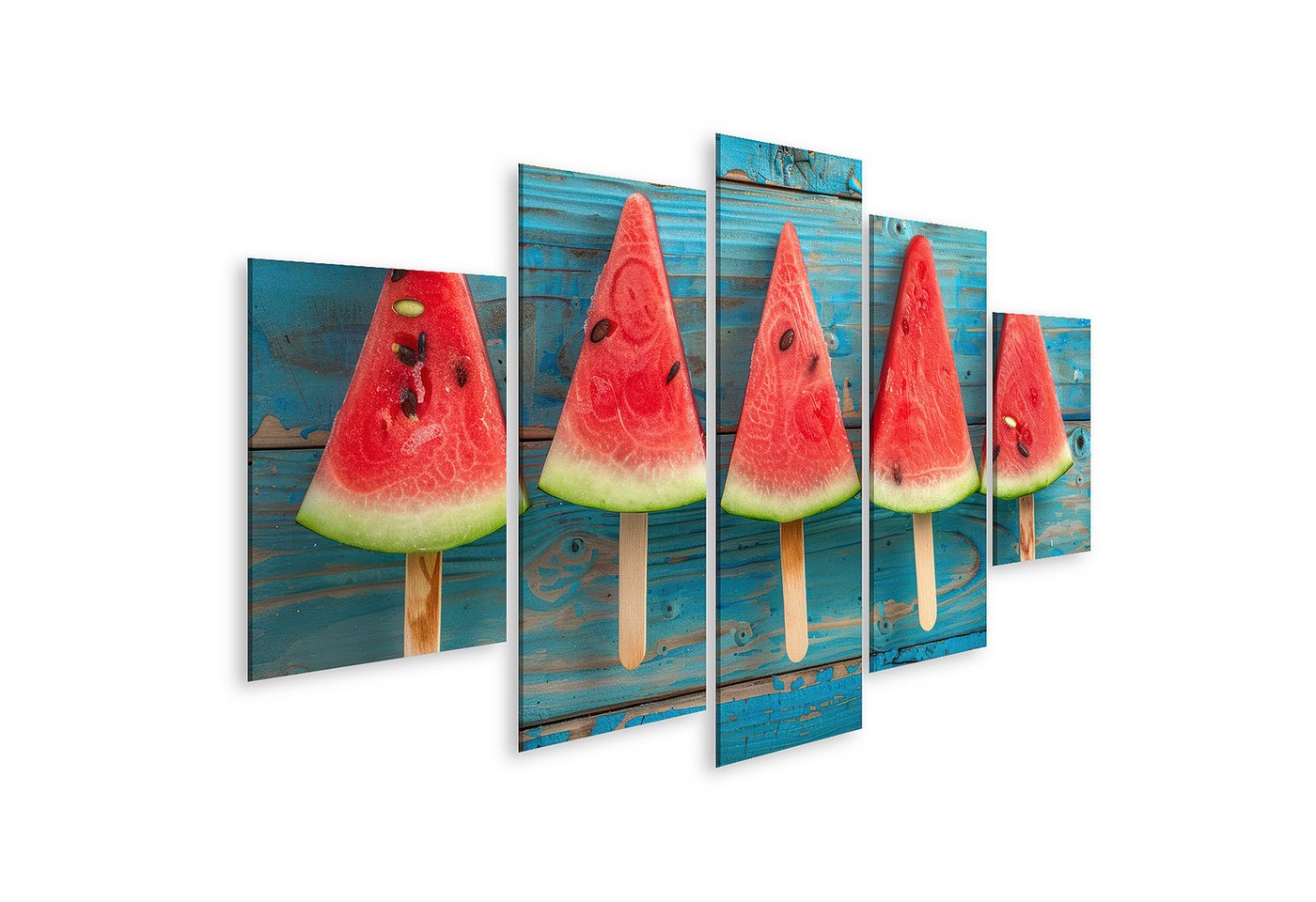 islandburner Leinwandbild Präsentation eines Wassermelonen-Eisstücks auf rustikalem blauem Holz- islandburner Leinwandbild Präsentation eines Wassermelonen-Eisstücks auf rustikalem blauem Holz- von islandburner