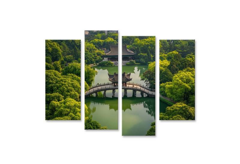 islandburner Leinwandbild Ruhiger Teich umgeben von üppigem Grün, Brücke führt zu friedlicher E von islandburner
