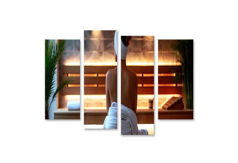 islandburner Leinwandbild Silhouette einer Frau mit Handtuch im Rücken in Sauna Wellnessbereich von islandburner