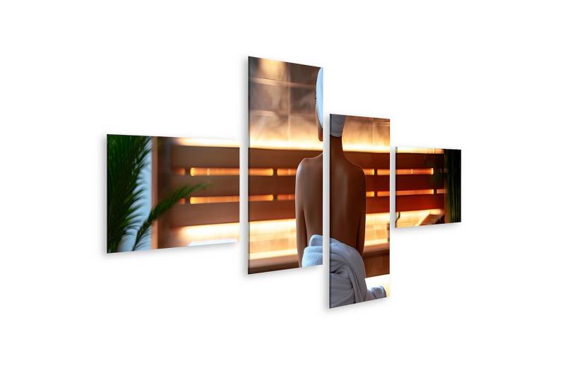 islandburner Leinwandbild Silhouette einer Frau mit Handtuch im Rücken in Sauna Wellnessbereich von islandburner