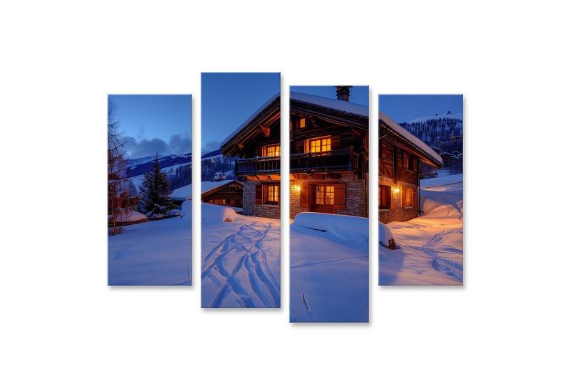 islandburner Leinwandbild Skispuren leiten zielsicher zur Tür des malerischen Abendschuss-Chalet von islandburner