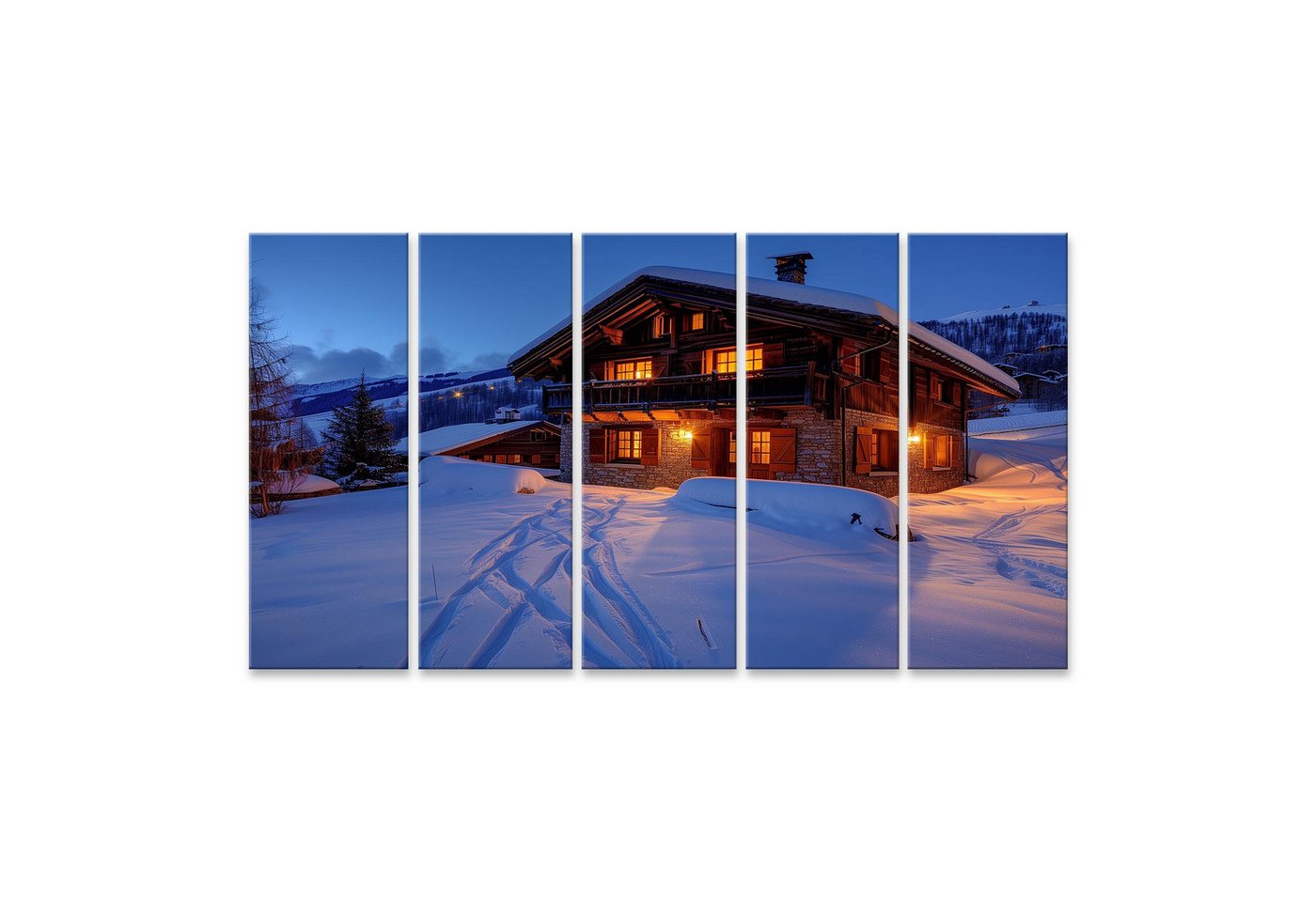 islandburner Leinwandbild Skispuren leiten zielsicher zur Tür des malerischen Abendschuss-Chalet von islandburner