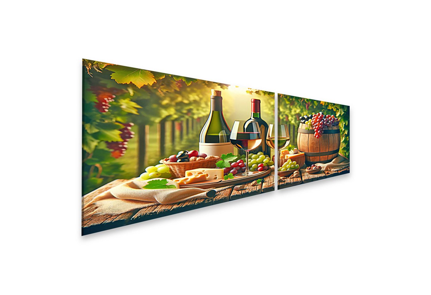 islandburner Leinwandbild Stilleben Weinprobe Gläser und Flaschen auf Holztisch, Fass und Traube von islandburner