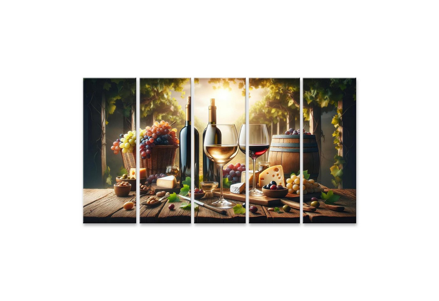 islandburner Leinwandbild Stilleben mit Weinprobe - Gläser und Flaschen auf Holztisch, Fass und von islandburner