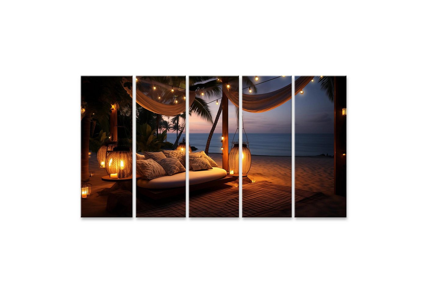 islandburner Leinwandbild Strandabend: Luxusresort, beleuchtet durch Kerzen, Café, Hängematte & von islandburner