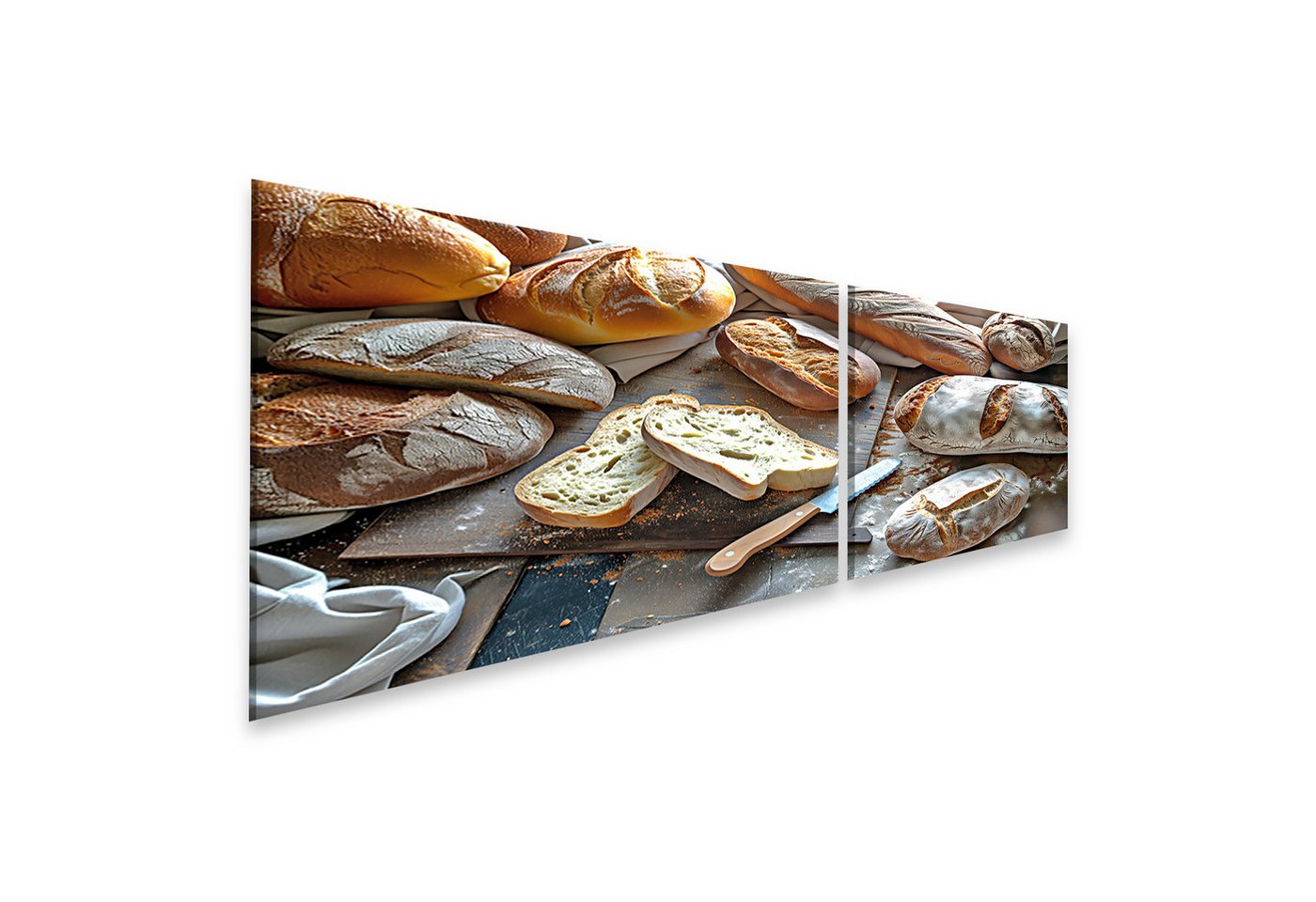 islandburner Leinwandbild Vielfältige Brotlaibe und Messer kunstvoll auf diversen Tischen darges von islandburner
