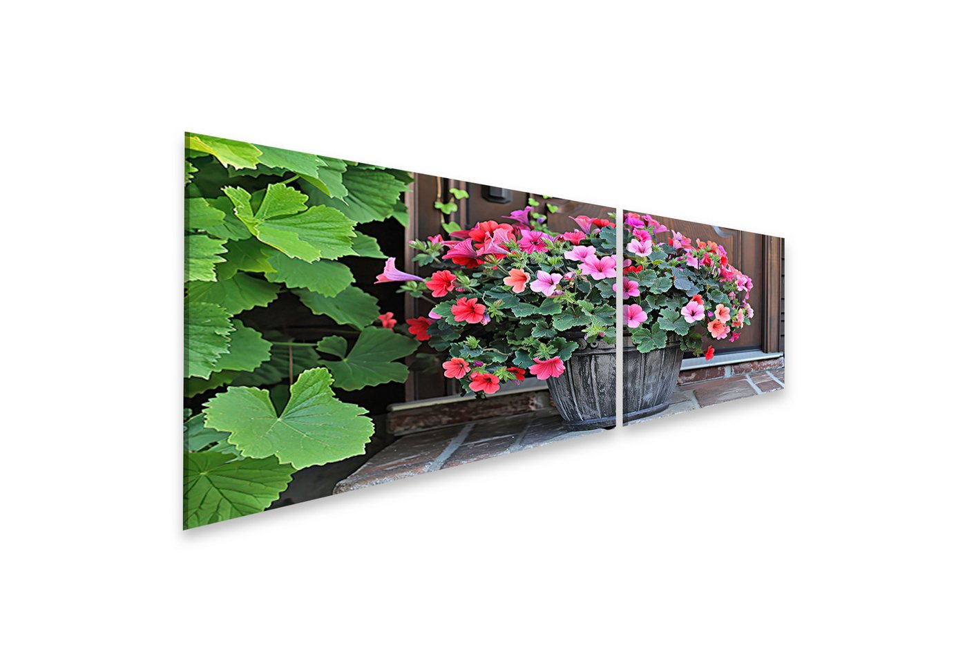 islandburner Leinwandbild Wandbild: Blumentopf mit Geranien, Calibrachoas, Millionen-Glocken und von islandburner