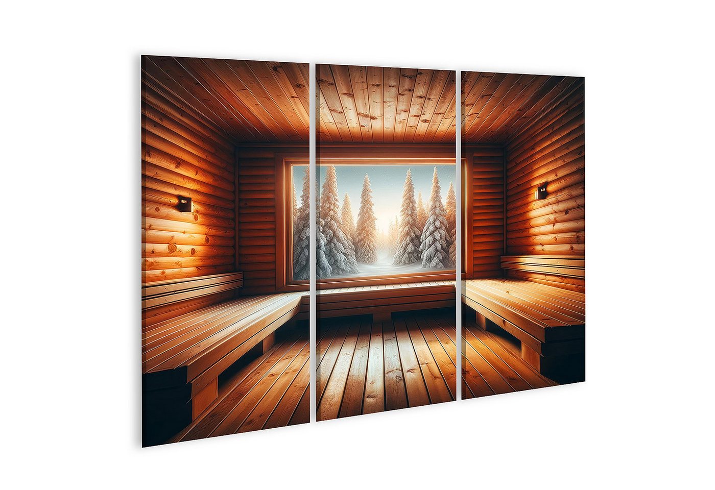 islandburner Leinwandbild Warme finnische Sauna mit Winterlandschaft im Fenster von islandburner