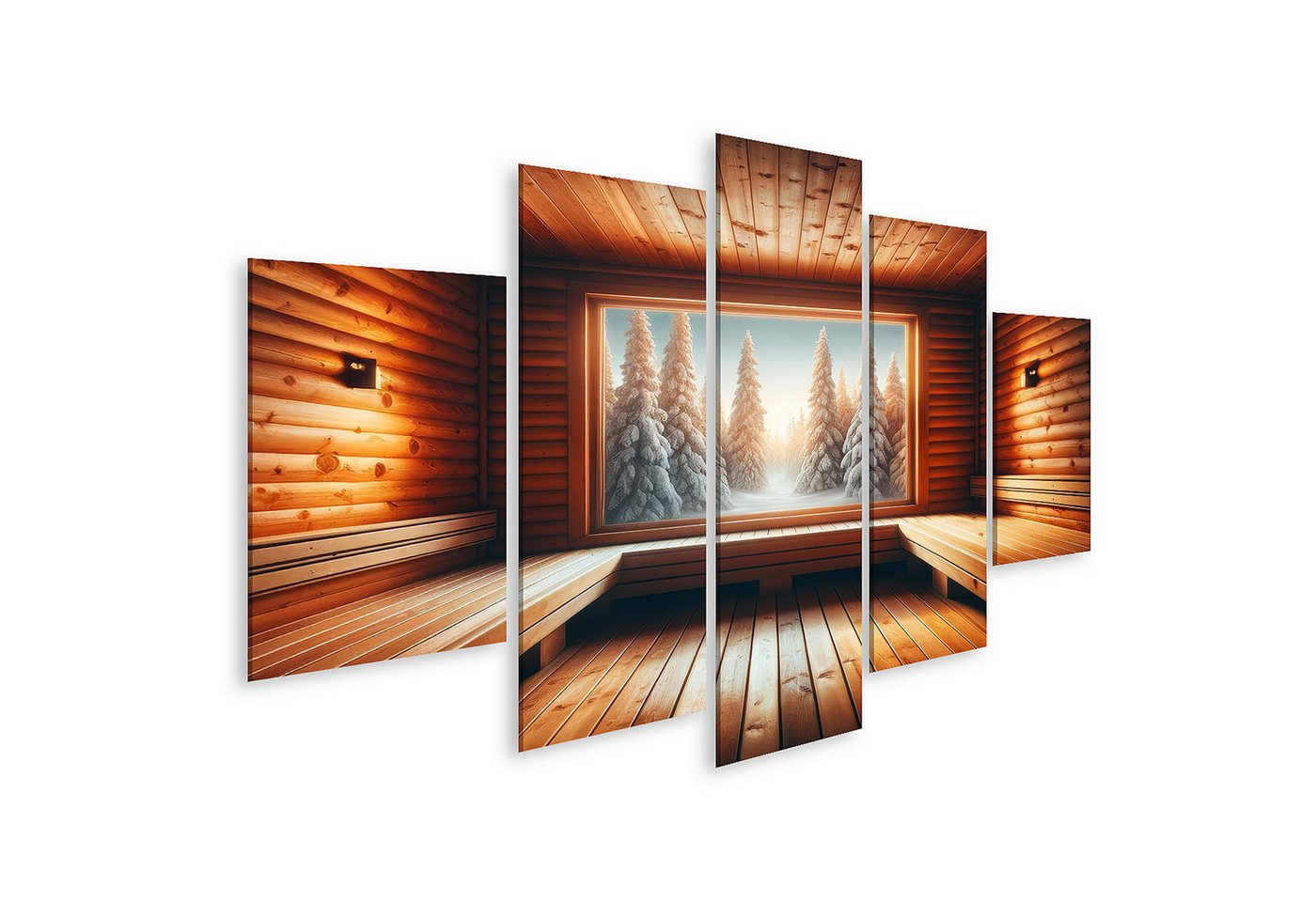 islandburner Leinwandbild Warme finnische Sauna mit Winterlandschaft im Fenster von islandburner