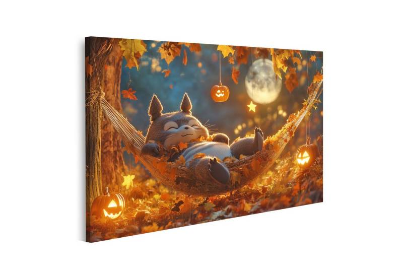 islandburner Leinwandbild Waschbär entspannt in einer Hängematte unter Herbstblättern und Hallo islandburner Leinwandbild Waschbär entspannt in einer Hängematte unter Herbstblättern und Hallo von islandburner