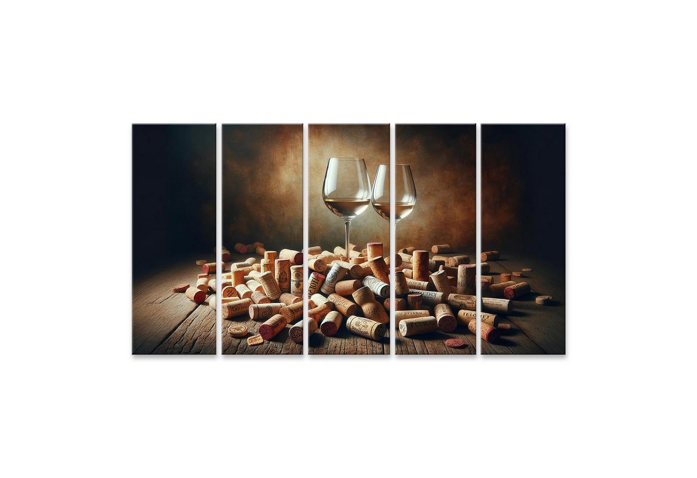 islandburner Leinwandbild Weingläser und verstreute Weinkorken auf altem Holztisch von islandburner