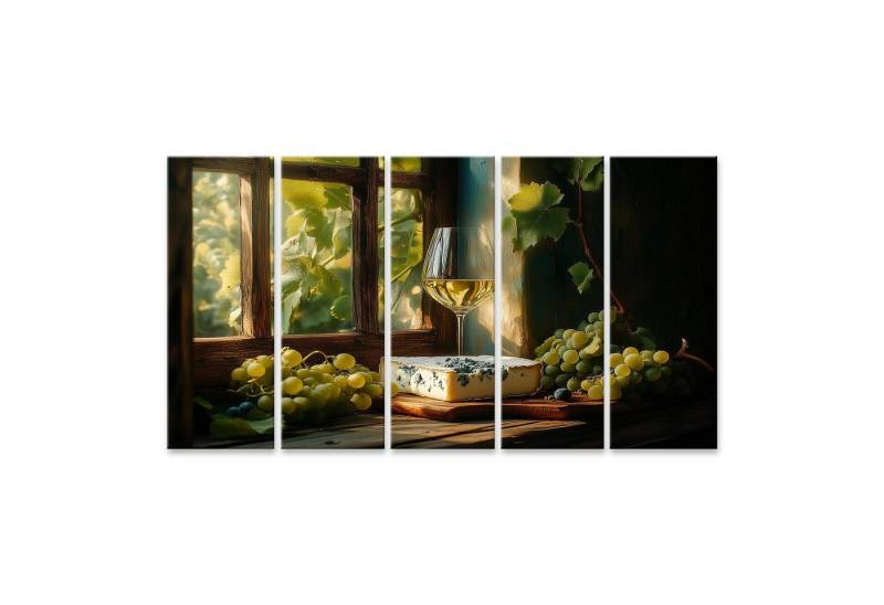 islandburner Leinwandbild Weinglas und Käse am Fenster mit Weinreben von islandburner