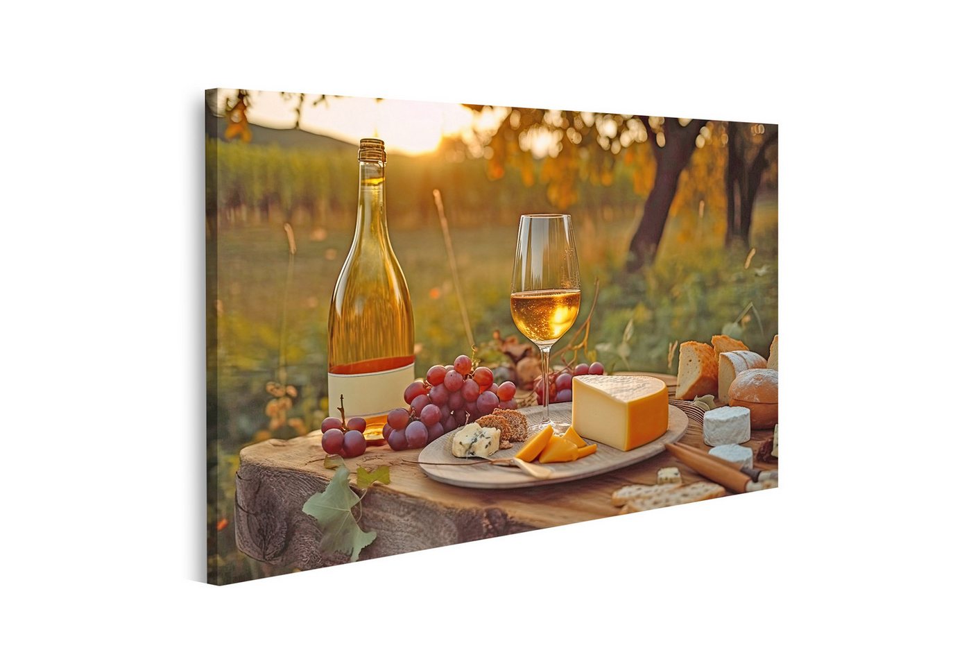 islandburner Leinwandbild Weiß Weinglas Trauben Käseplatte Weinflasche Weinberglandsch Bilder von islandburner