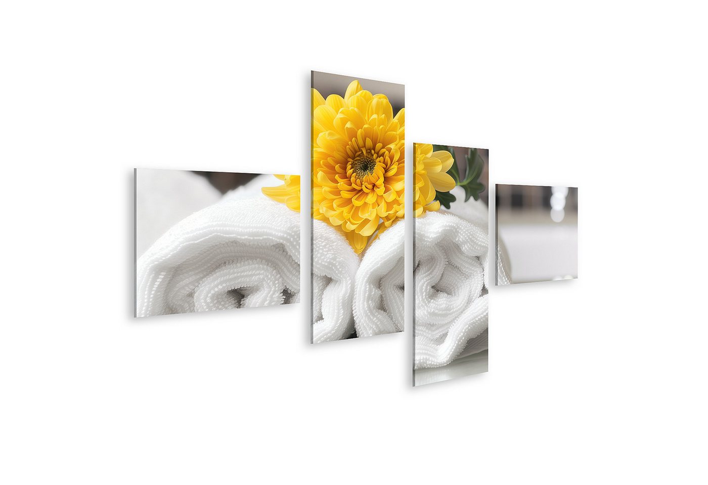 islandburner Leinwandbild Weiße, gerollte Handtücher und prächtige gelbe Chrysanthemen auf Wandb von islandburner
