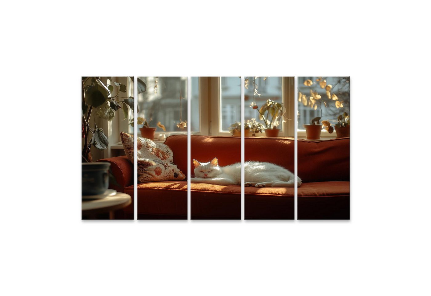 islandburner Leinwandbild Weiße Katze schlummert sonnig auf rotem Sofa von islandburner