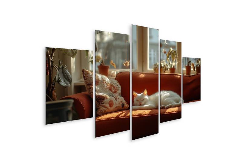 islandburner Leinwandbild Weiße Katze schlummert sonnig auf rotem Sofa von islandburner