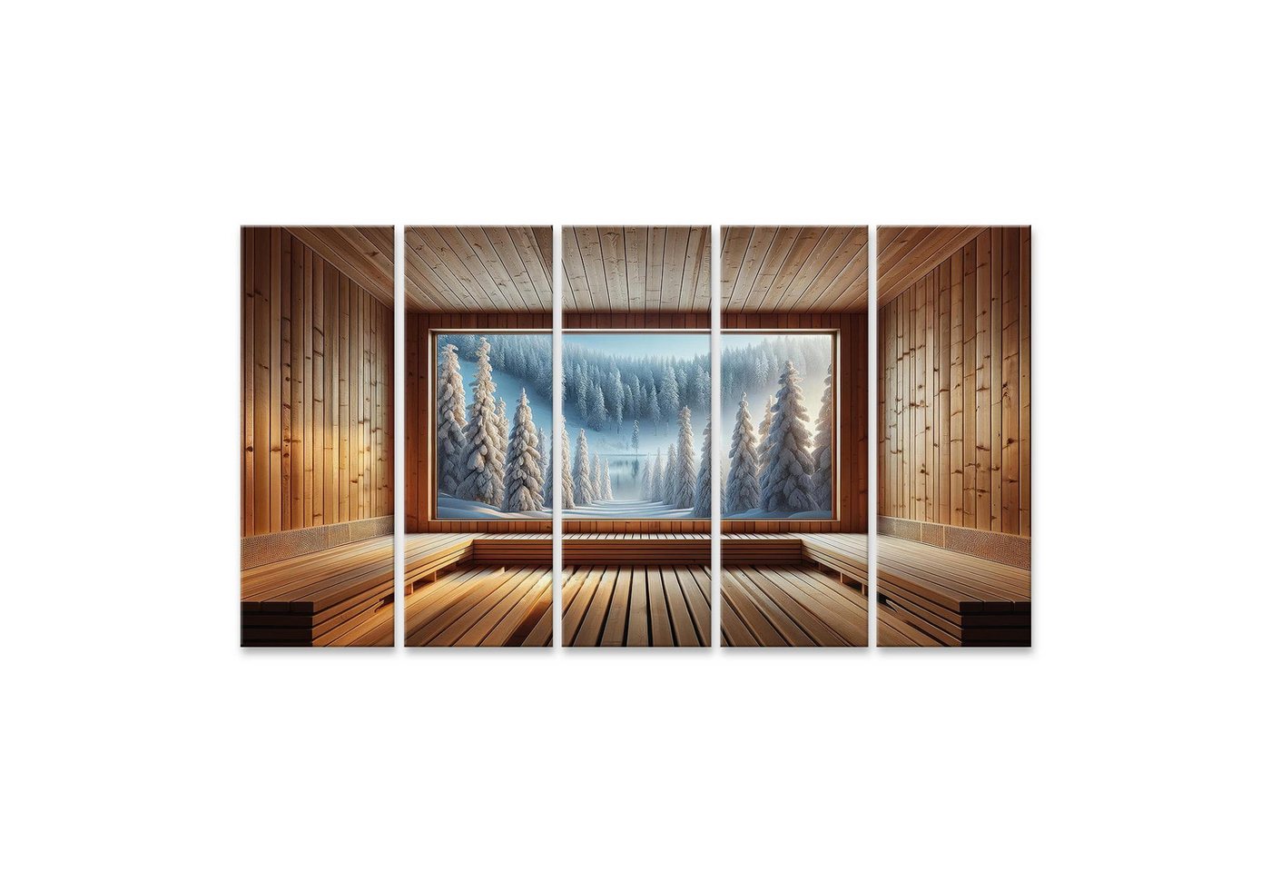 islandburner Leinwandbild Winterwunderland durch das Fenster einer gemütlichen Holzsauna islandburner Leinwandbild Winterwunderland durch das Fenster einer gemütlichen Holzsauna von islandburner