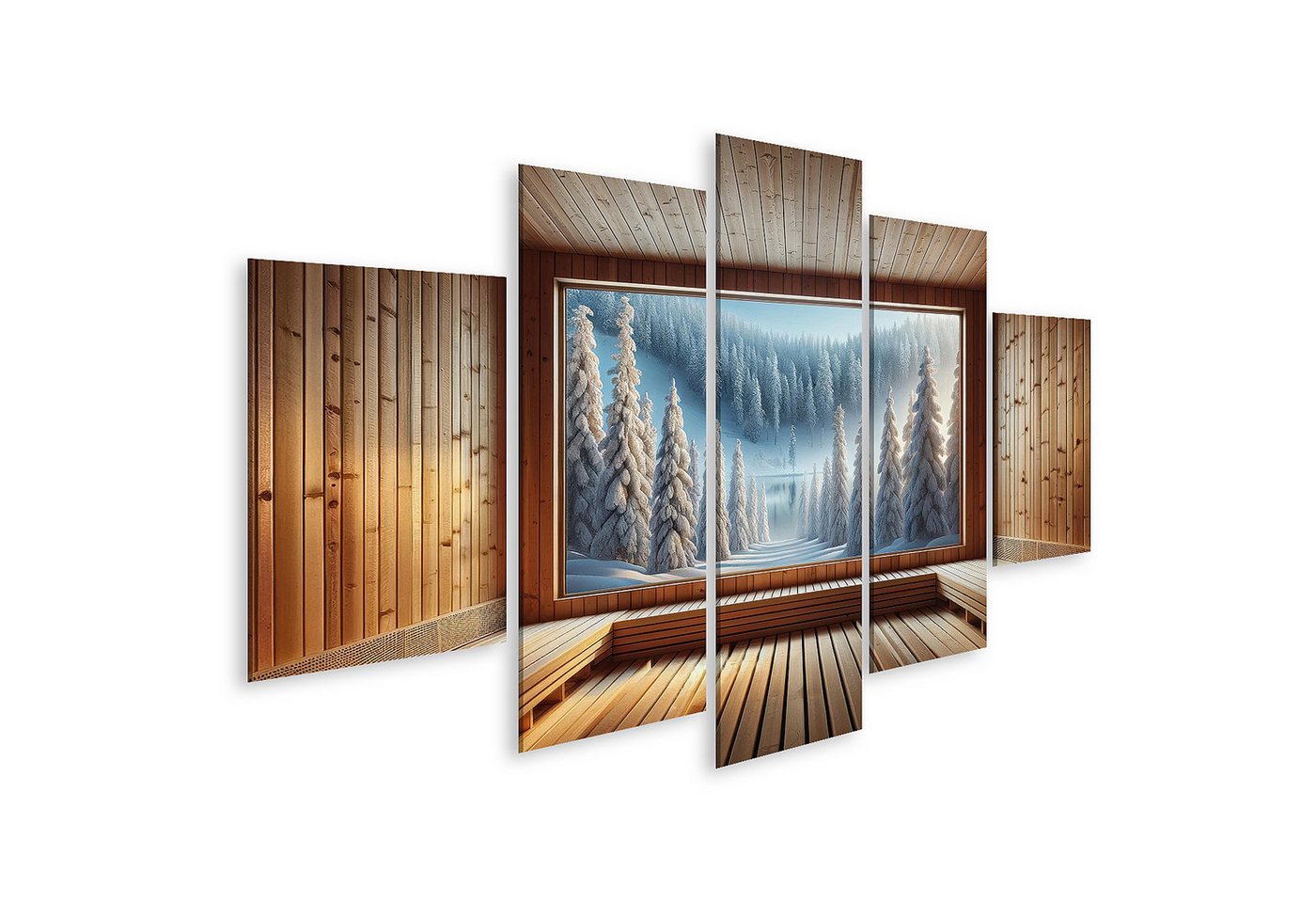 islandburner Leinwandbild Winterwunderland durch das Fenster einer gemütlichen Holzsauna islandburner Leinwandbild Winterwunderland durch das Fenster einer gemütlichen Holzsauna von islandburner