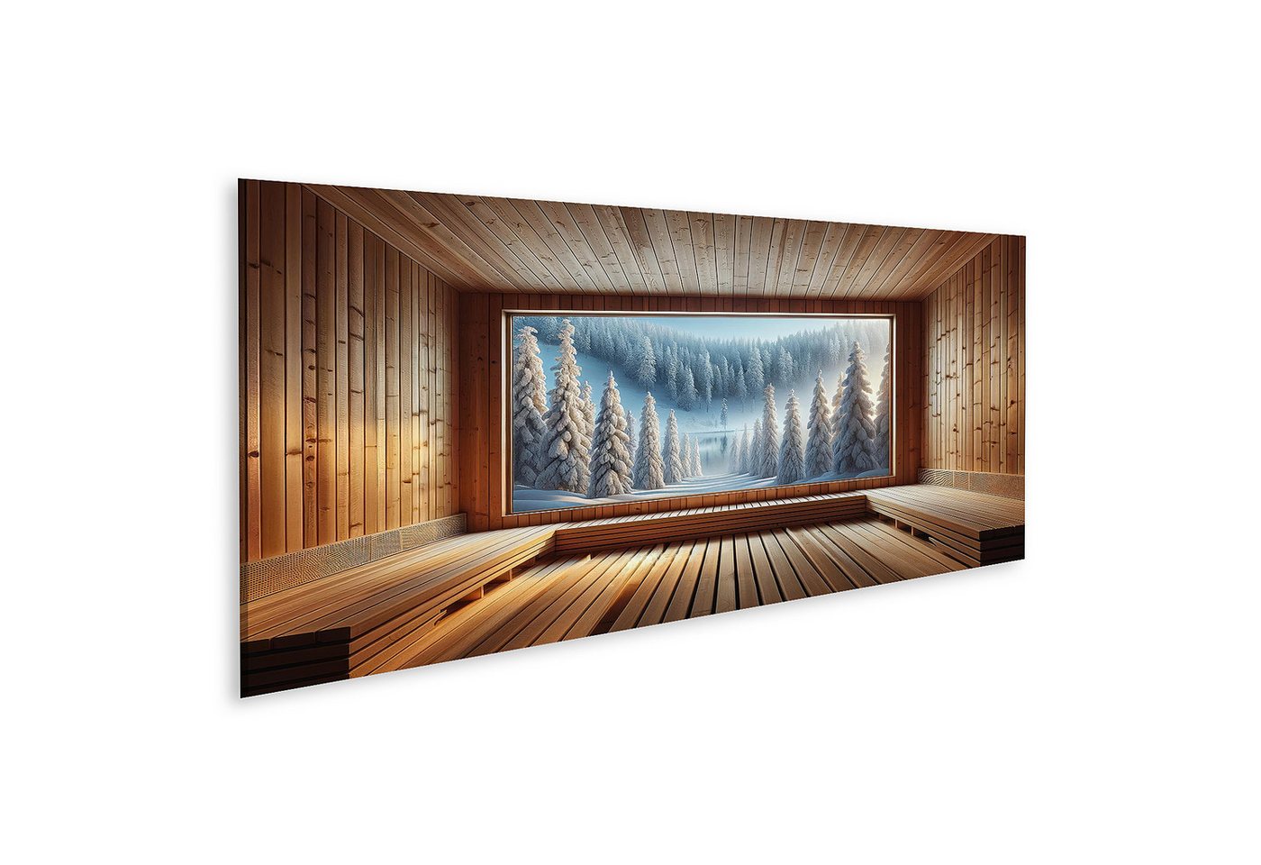 islandburner Leinwandbild Winterwunderland durch das Fenster einer gemütlichen Holzsauna islandburner Leinwandbild Winterwunderland durch das Fenster einer gemütlichen Holzsauna von islandburner