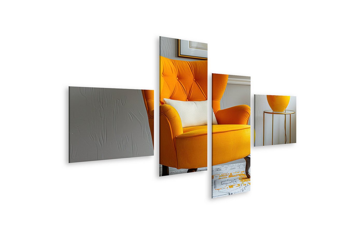 islandburner Leinwandbild Wohnzimmer-Wandbild mit Sessel, gelbem Kissen und weiäer Wandlampe Woh von islandburner