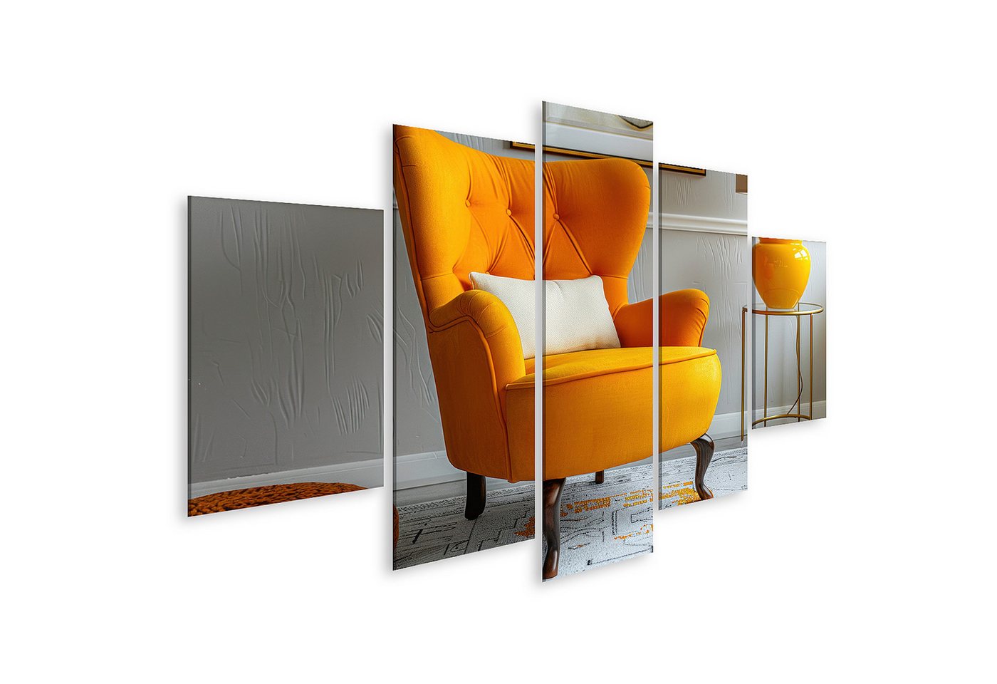 islandburner Leinwandbild Wohnzimmer-Wandbild mit Sessel, gelbem Kissen und weiäer Wandlampe Woh von islandburner