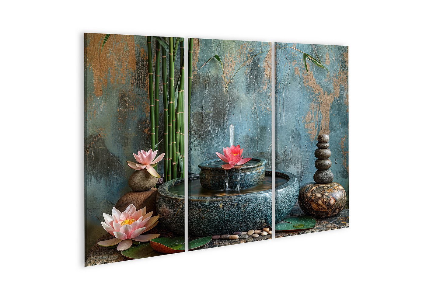 islandburner Leinwandbild Zen Spa: Serene Bamboo Fountain & Tranquil Lotus Still Life Badezimmer von islandburner