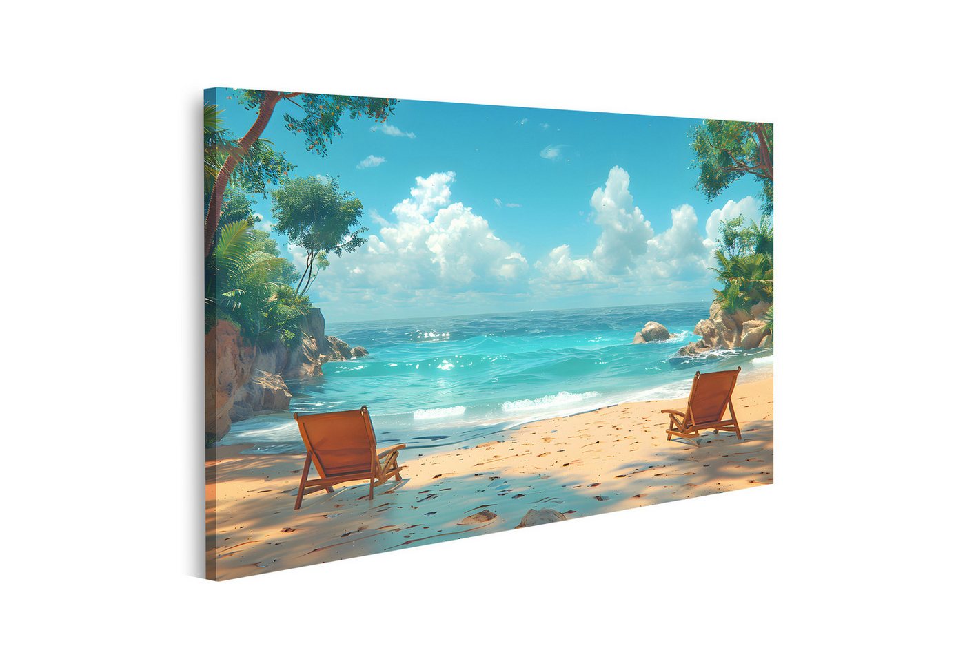 islandburner Leinwandbild Zwei Holzstühle stehen auf einem sandigen Strand, mit Blick aufs endlo von islandburner