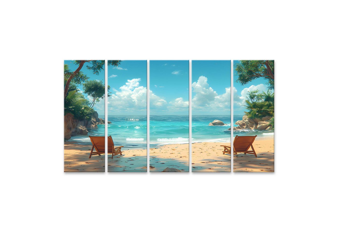 islandburner Leinwandbild Zwei Holzstühle stehen auf einem sandigen Strand, mit Blick aufs endlo von islandburner