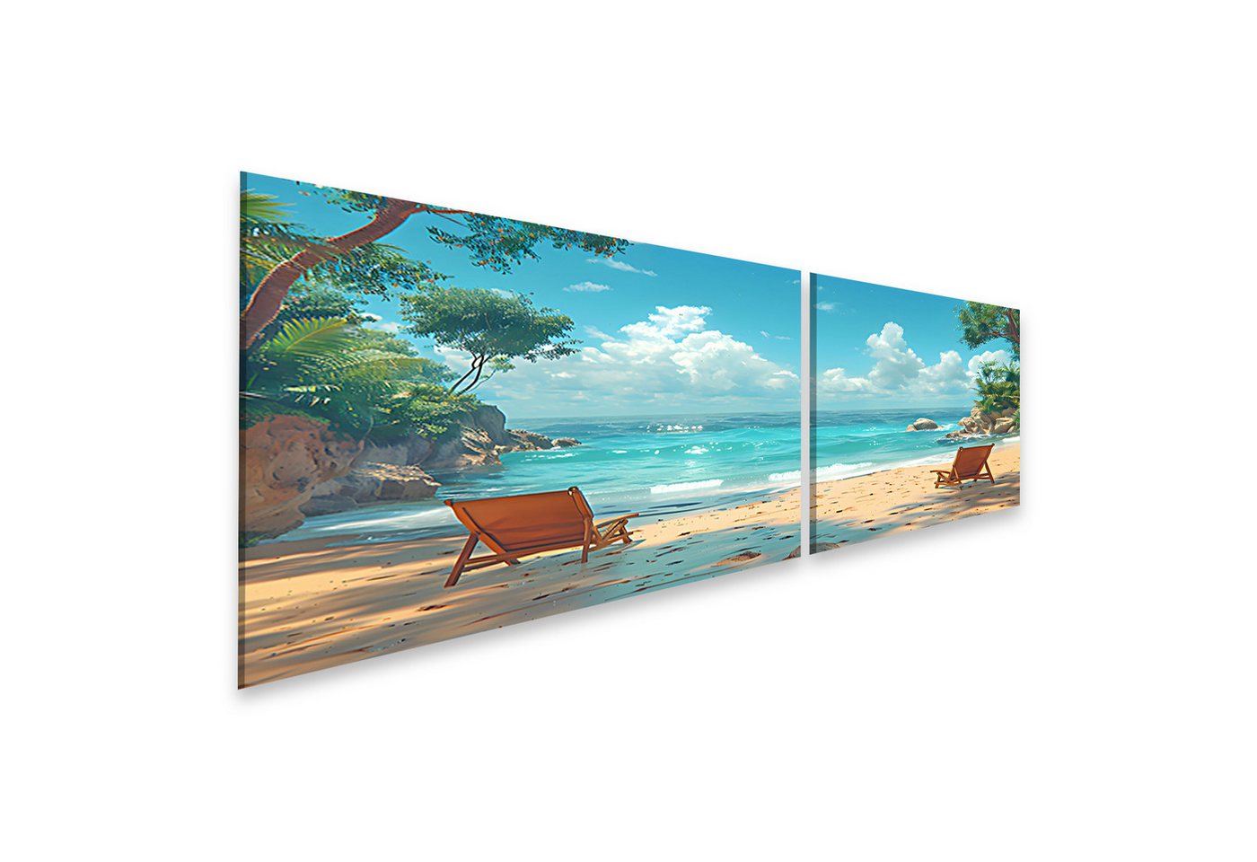 islandburner Leinwandbild Zwei Holzstühle stehen auf einem sandigen Strand, mit Blick aufs endlo von islandburner