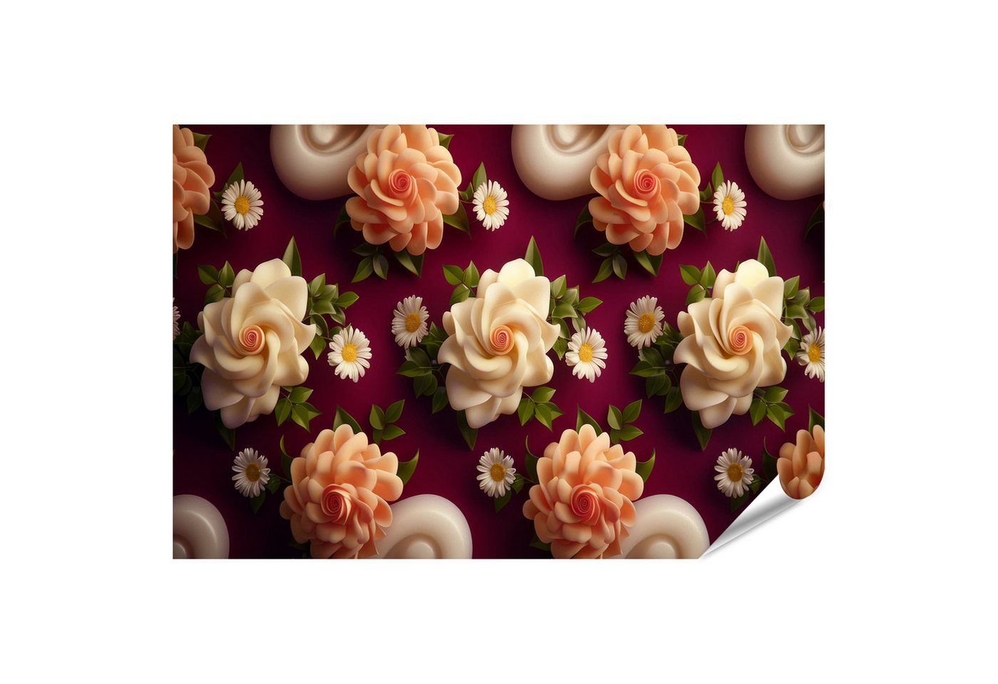 islandburner Poster, Blumen und Gänseblümchen auf dunkelrotem Hintergrund von islandburner