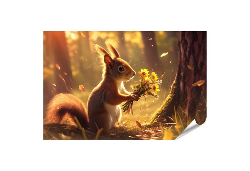 islandburner Poster, Eichhörnchen mit Blumen im Herbstlicht von islandburner