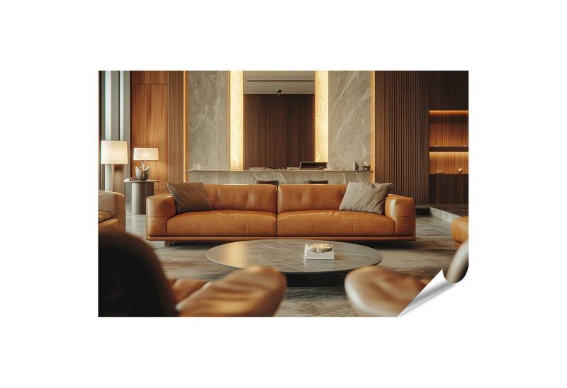 islandburner Poster, Elegantes Wohnzimmer mit Ledersofa und Holzverkleidungen von islandburner