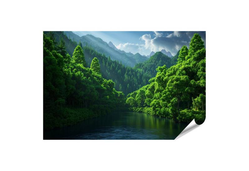 islandburner Poster, Grüne Landschaft mit Fluss und Bergen von islandburner