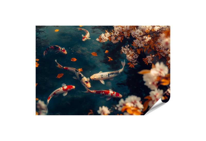 islandburner Poster, Koi Karpfen im herbstlichen Teich mit Blüten von islandburner