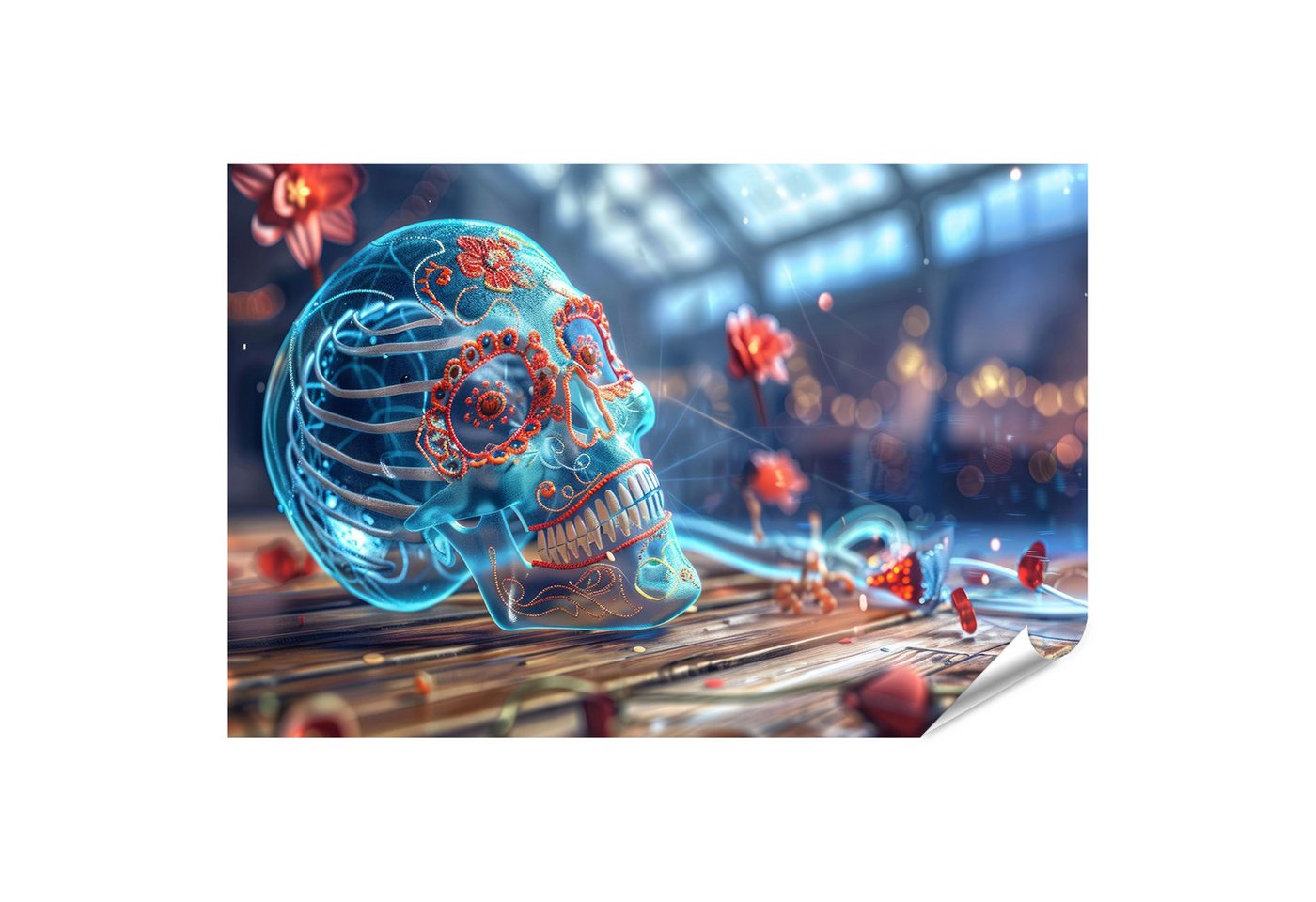 islandburner Poster, Leuchtender Totenkopf mit Blumen und Lichtern islandburner Poster, Leuchtender Totenkopf mit Blumen und Lichtern von islandburner