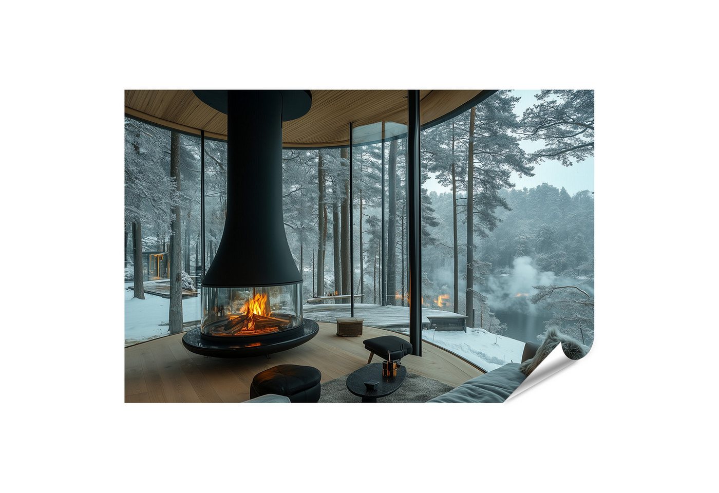 islandburner Poster, Moderner Winter Rückzugsort mit Kamin und Seeblick islandburner Poster, Moderner Winter Rückzugsort mit Kamin und Seeblick von islandburner