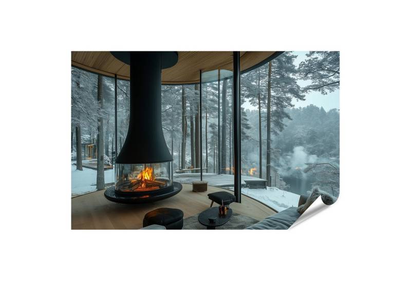 islandburner Poster, Moderner Winter Rückzugsort mit Kamin und Seeblick von islandburner