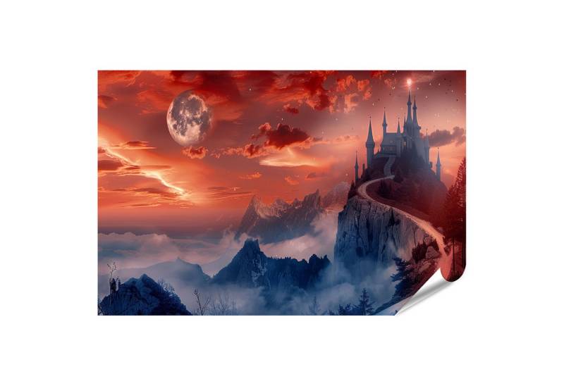 islandburner Poster, Mond über dem mystischen Schloss bei Sonnenuntergang von islandburner