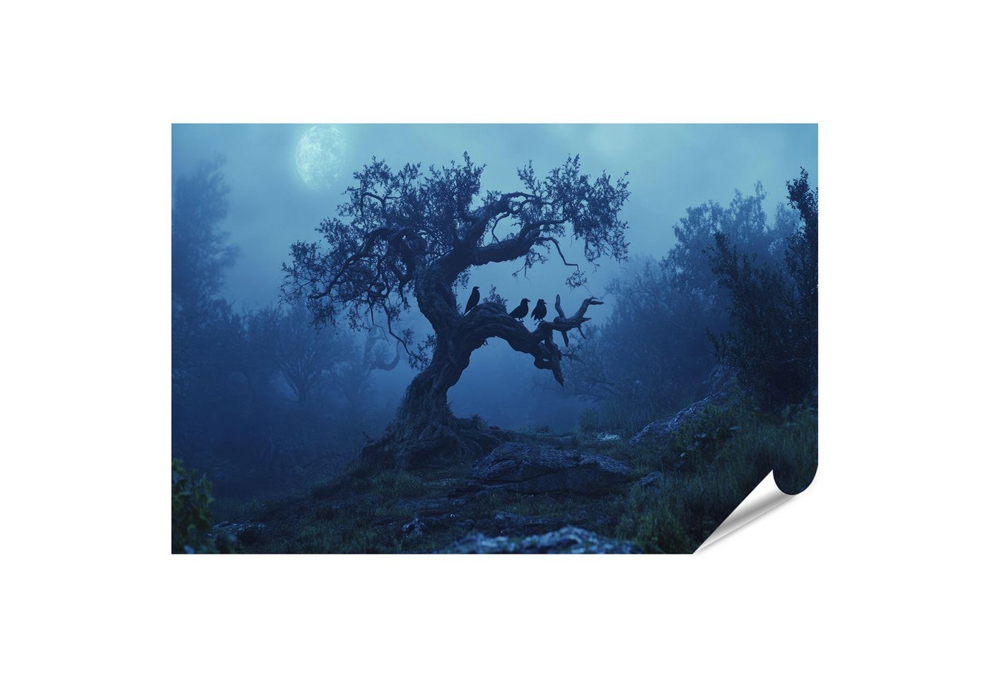 islandburner Poster, Mondlicht über nebligem Wald mit Raben auf Baum von islandburner