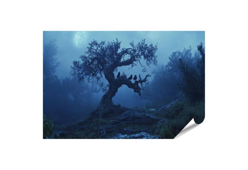 islandburner Poster, Mondlicht über nebligem Wald mit Raben auf Baum von islandburner