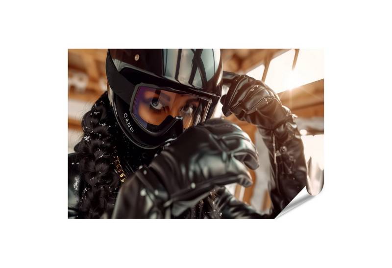 islandburner Poster, Motorradfahrerin mit Helm und Handschuhen in der Garage islandburner Poster, Motorradfahrerin mit Helm und Handschuhen in der Garage von islandburner