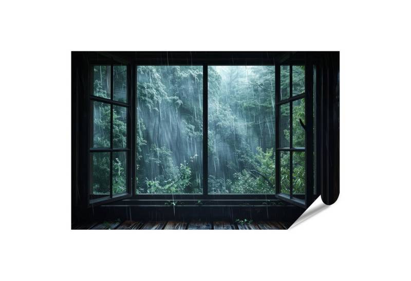 islandburner Poster, Mystischer Waldblick durch ein Fenster bei Regen von islandburner