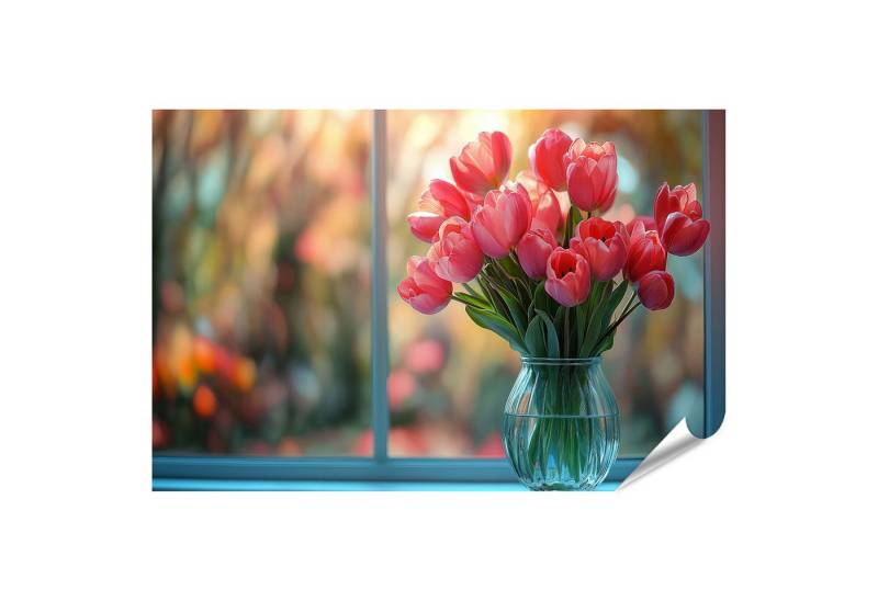 islandburner Poster, Rote Tulpen im Glas vor Fenster mit Herbstblättern von islandburner