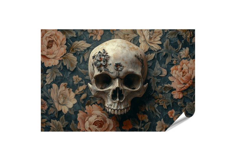 islandburner Poster, Schädel mit Blumen auf dunklem Blumenmuster von islandburner