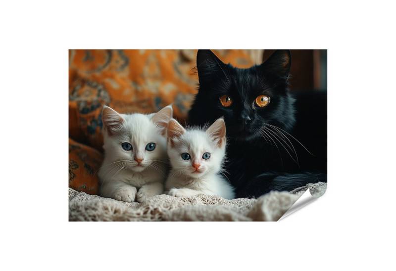islandburner Poster, Schwarze Katze mit weißen Kätzchen auf orange Couch von islandburner